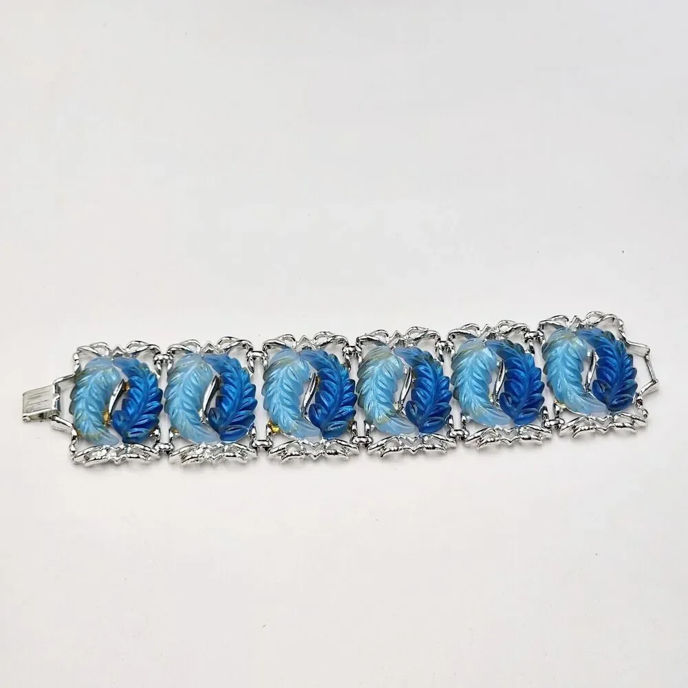 Vintage Blue Tones Thermoset Panel Wide Leaf Bracelet Cuff Mid Century 7.5